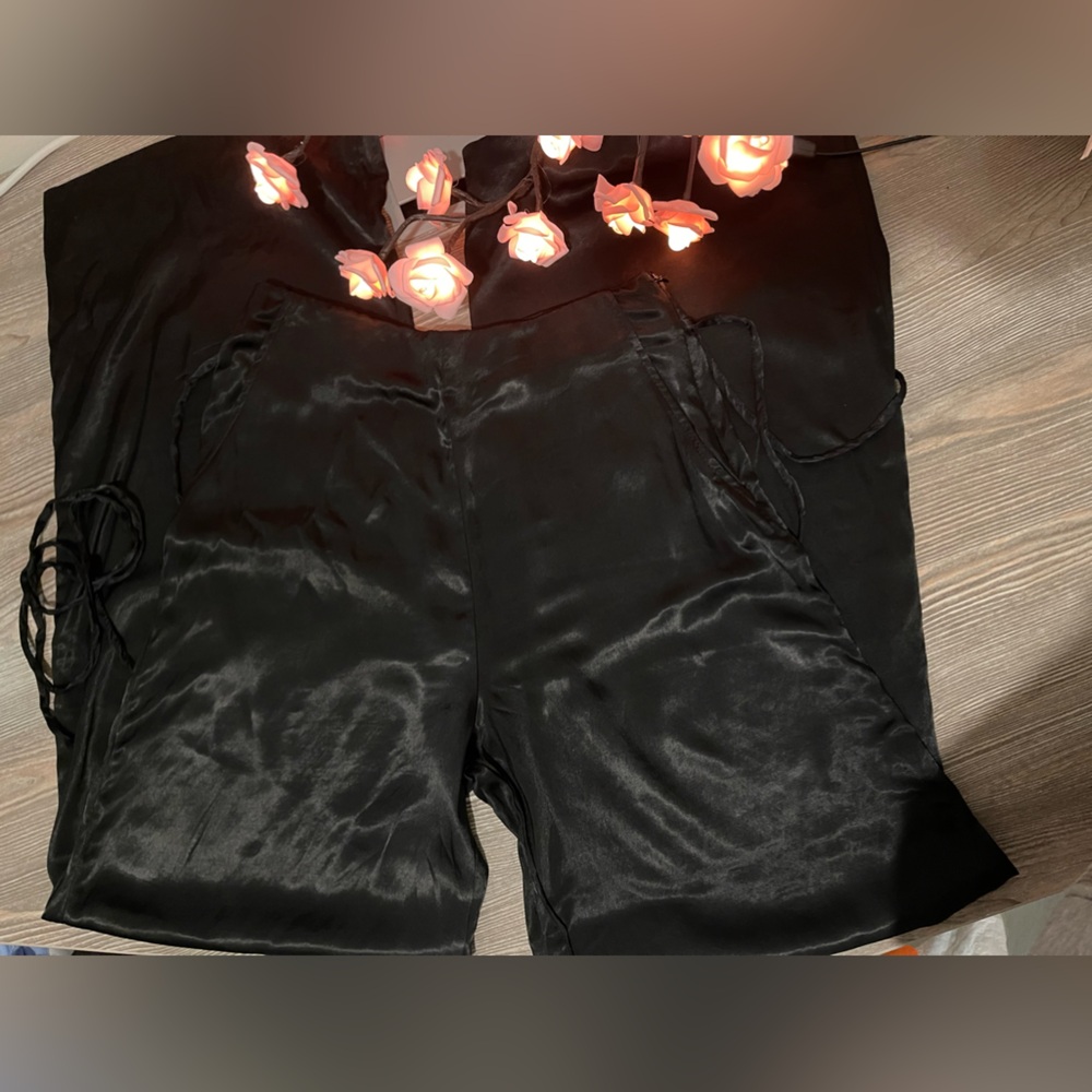 Black silky long pants with wide pant legs from ZARA
